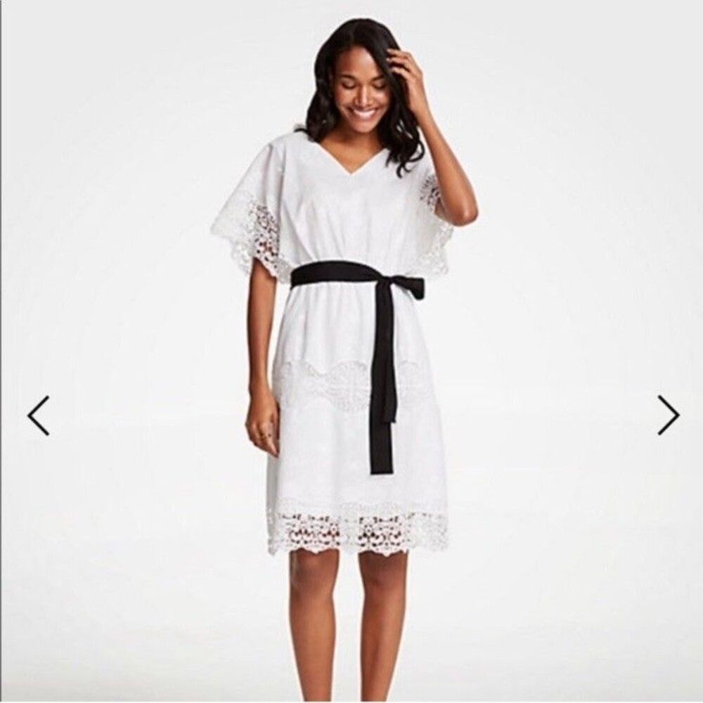 Ann Taylor White Lace Dress Black Belt 100% Cotton Lined Women's Size 8